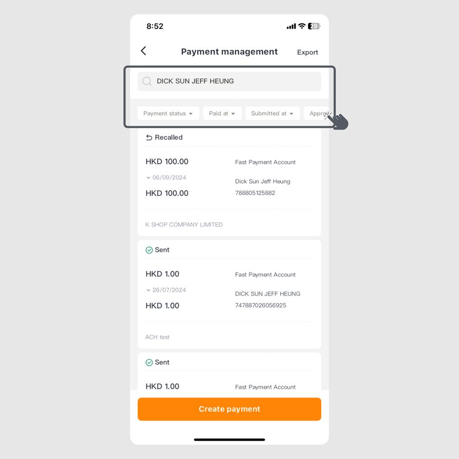 Step 3 of how to search, view and export the transaction records of payees