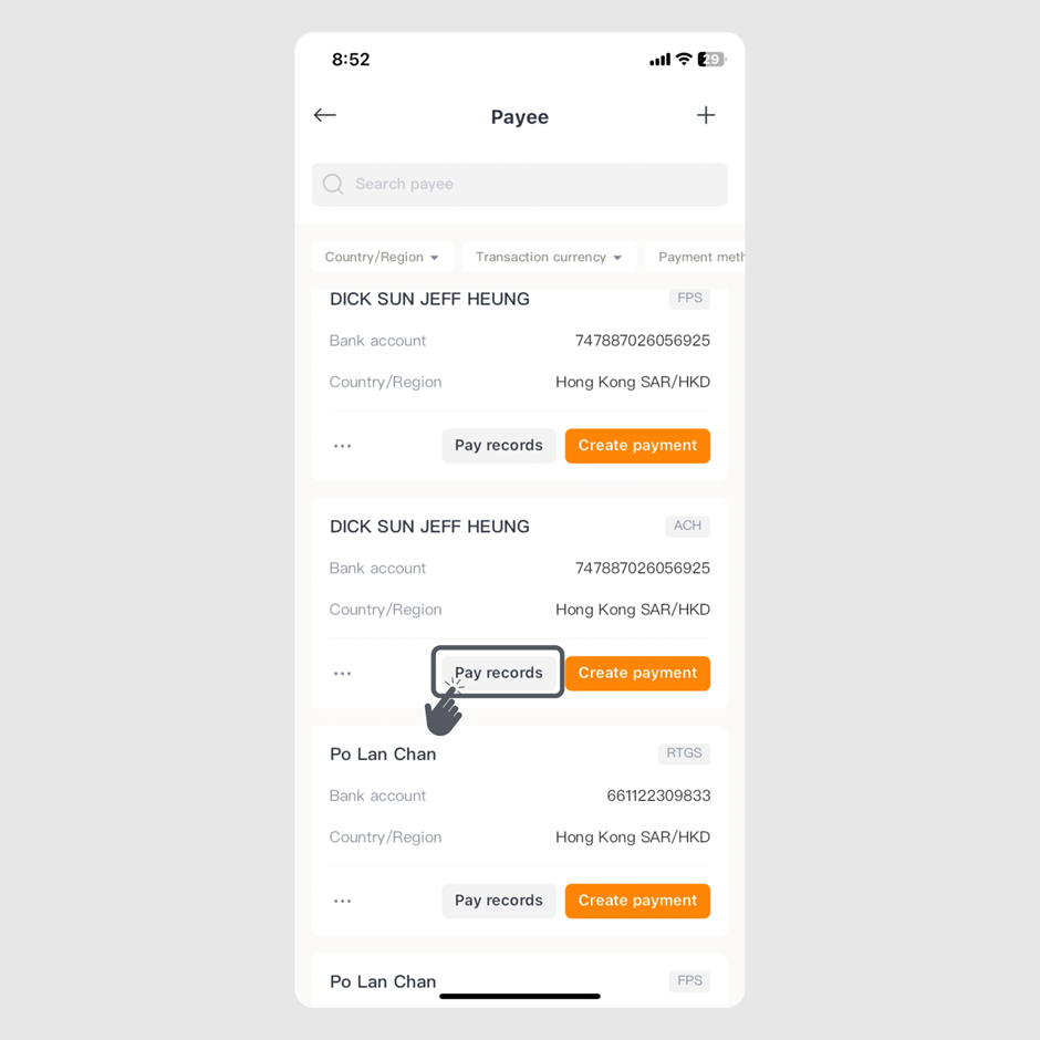 Step 2 of how to search, view and export the transaction records of payees