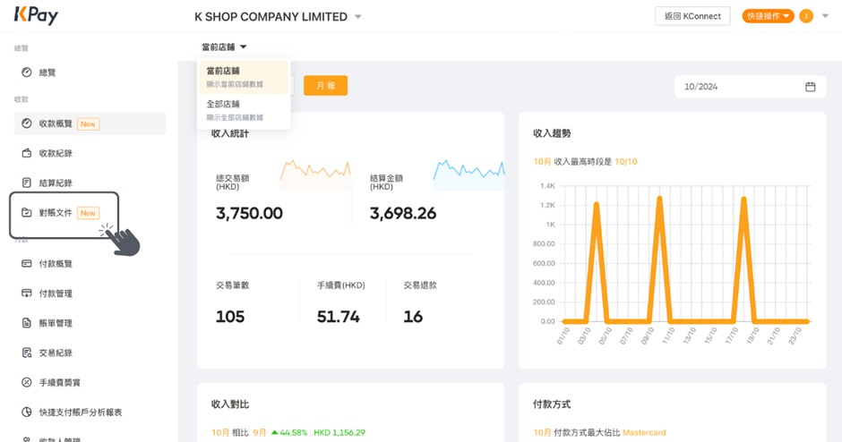 如何在KPay商戶管理平台上匯出全部門店的數據步驟1