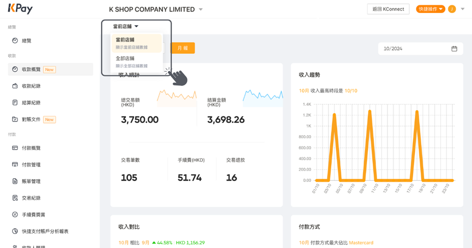 如何在KPay商戶管理平台上查閱全部門店的數據步驟2