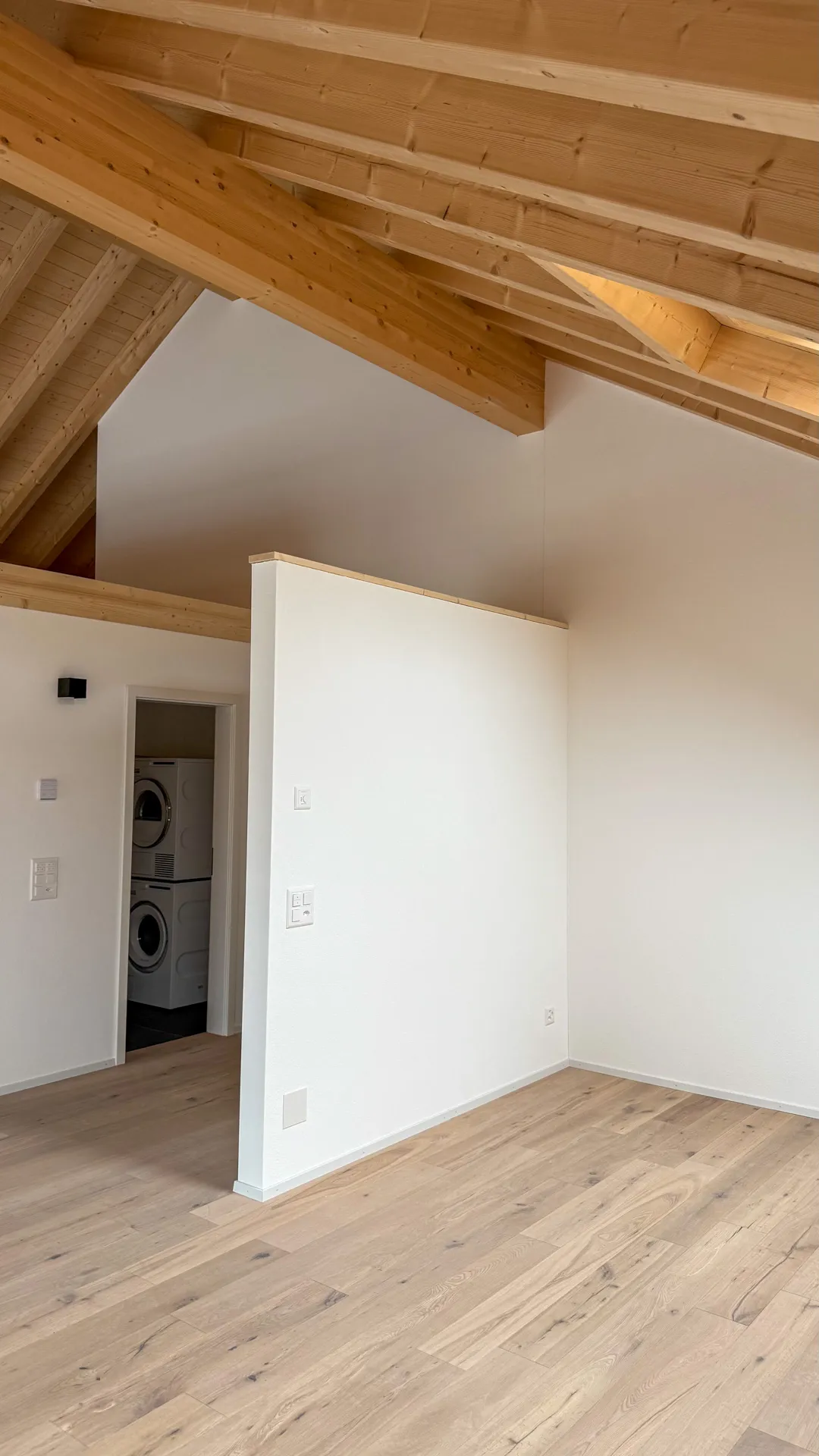 Leerer Raum mit dunkelblauen Wänden und Tür sowie Betonboden und weißer Decke.