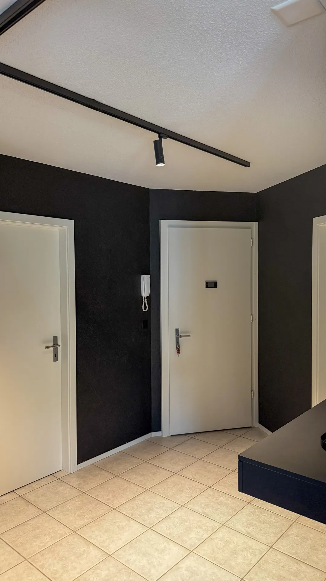 Leerer Raum mit dunkelblauen Wänden und Tür sowie Betonboden und weißer Decke.