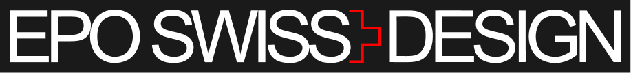 Schriftzug EPO SWISS DESIGN mit rotem Schweizer Kreuz zwischen Swiss und Design auf schwarzem Hintergrund.