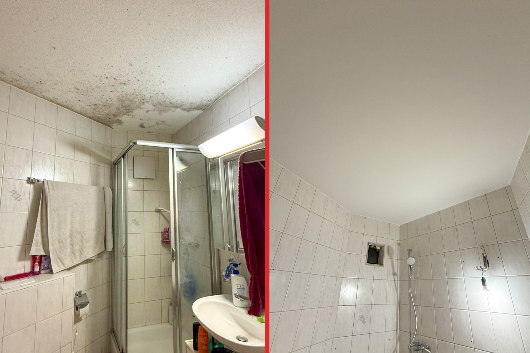 Zweigeteiltes Badezimmerdecke mit Schimmelbefall links und sauberer, weißer Decke rechts.