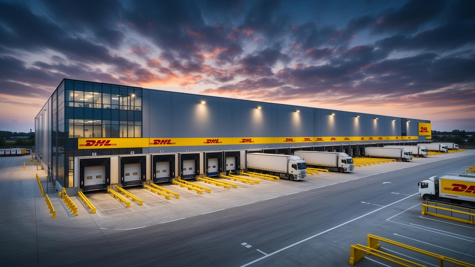 Large DHL distribution center at dusk with multiple trucks docked for loading and unloading alongside the building, under a colorful cloudy sky.