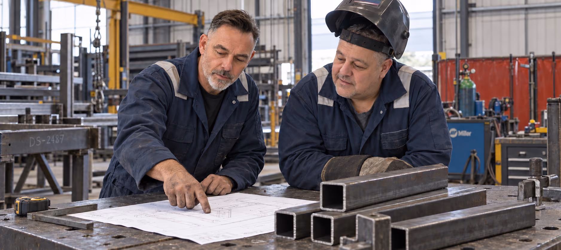 Manufacturing team reviewing technical drawings in a fabrication workshop.
