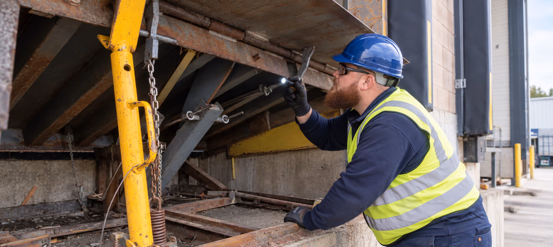 Male worker wearing a blue hard hat, safety glasses, and a yellow reflective vest using a flashlight to inspect equipment under a loading dock.