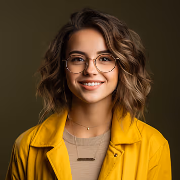 Young woman with wavy brown hair, glasses, and a yellow jacket smiling against a dark background.