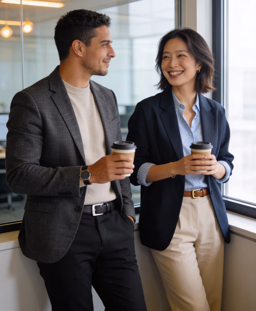 Two colleagues smiling and holding takeaway coffee cups while standing by an office window.