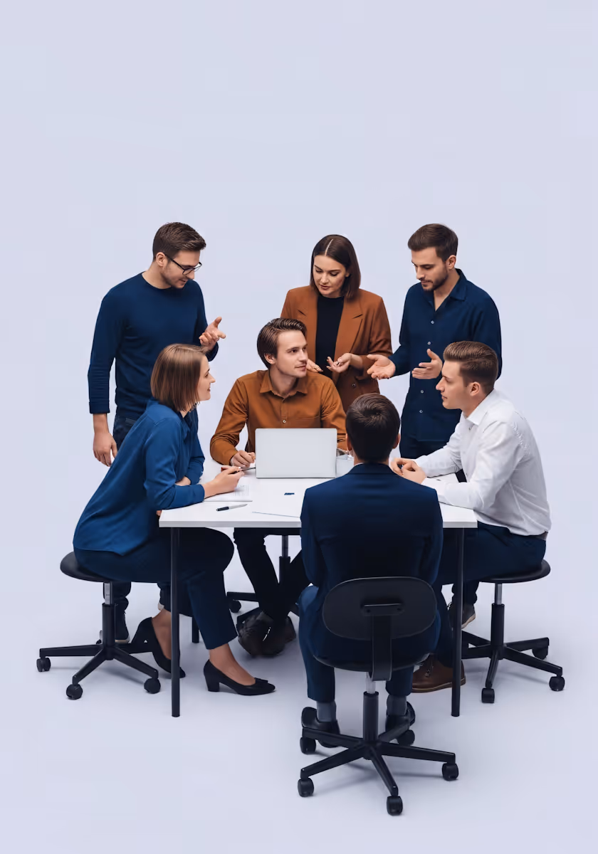 Seven diverse professionals collaborating around a white table with a laptop in a modern office setting.