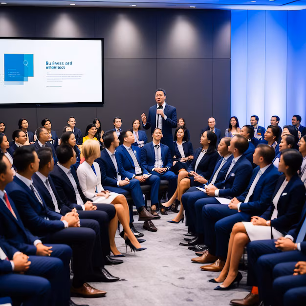 Business professional speaking with a microphone in front of a seated audience in a conference room with a presentation screen.