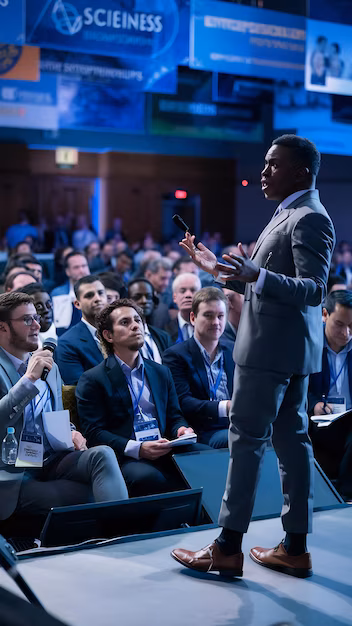 Man in a gray suit speaking on stage to a seated audience at a conference or seminar.
