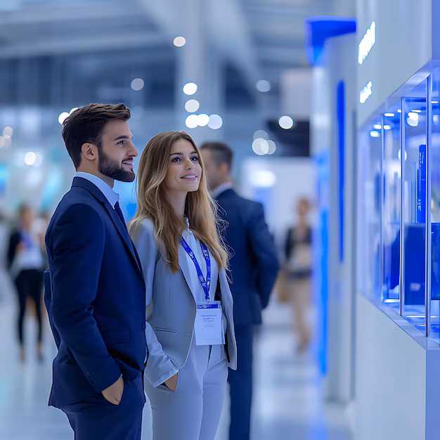 Smiling man and woman in business attire looking at a display wall in a modern conference or exhibition hall.