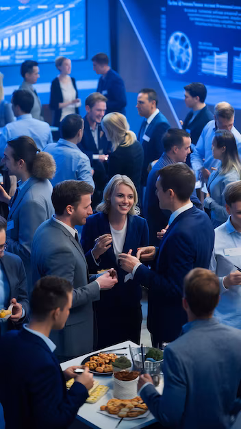 Group of business professionals engaging and networking at a conference with a table of appetizers in the foreground and digital data charts on screens in the background.