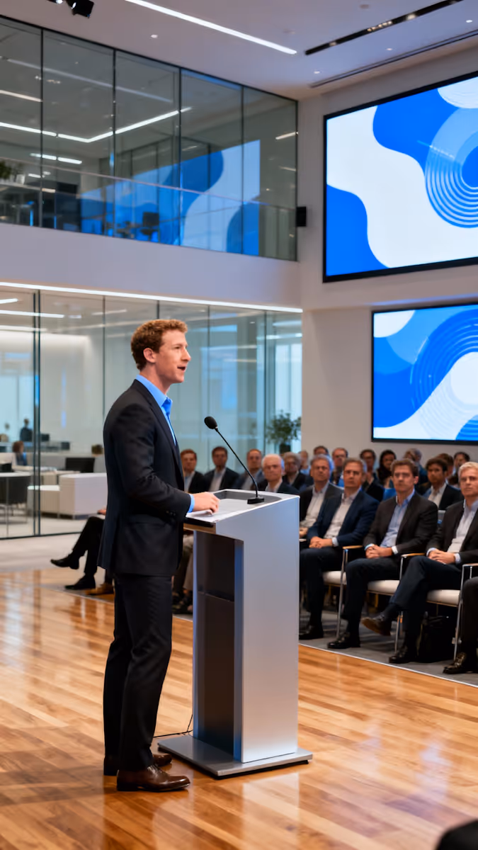 Man in business attire speaking at a podium in a modern conference room with an audience and abstract blue graphics on screens behind him.