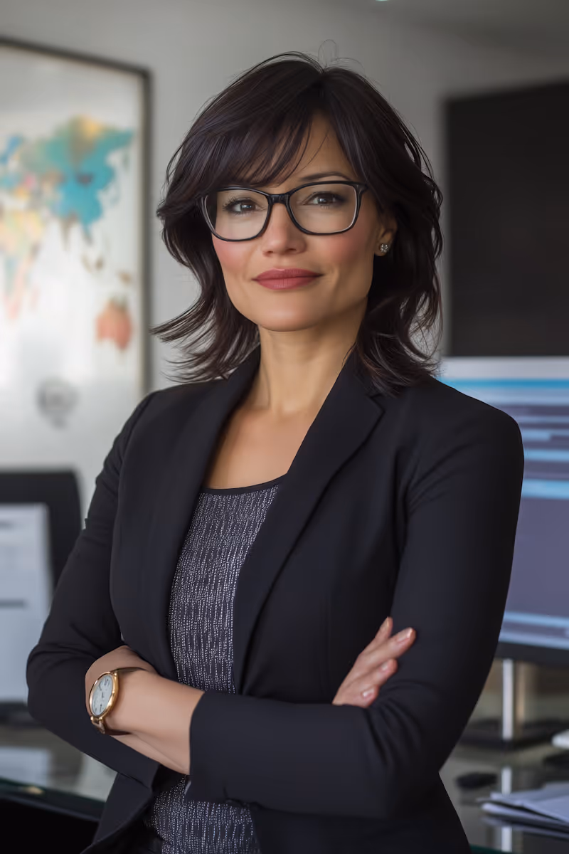Confident woman with glasses and dark hair wearing a black blazer, standing with arms crossed in an office.