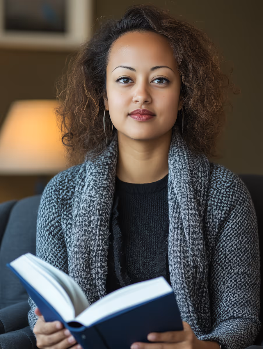 Woman with curly hair wearing a gray cardigan and black top, holding an open book in a cozy room with a lit lamp in the background.