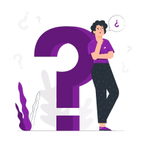 Person with folded arms standing thoughtfully next to a large purple question mark.