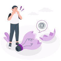 Erino - Deal Lost ..Person standing worriedly next to a broken light bulb with a scribble thought bubble, symbolizing confusion or problem-solving.