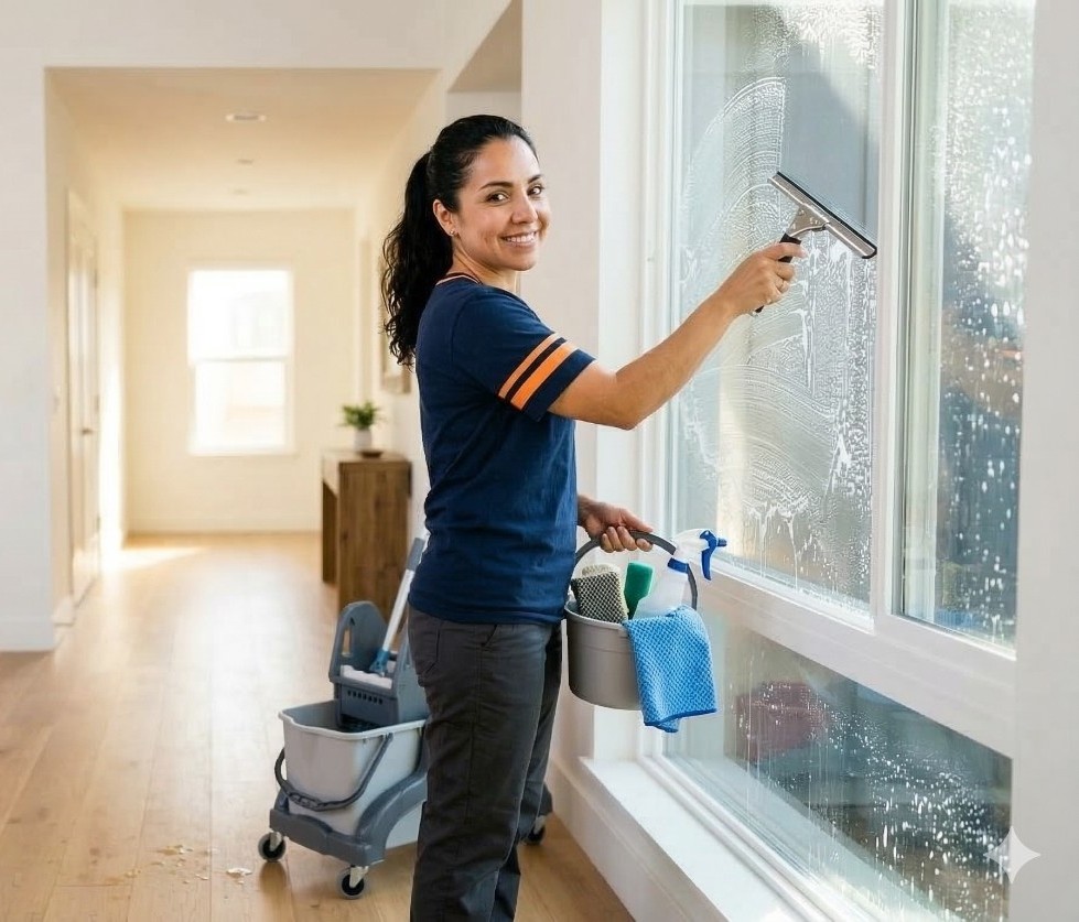Woman smiling while cleaning a large window with a squeegee and holding a bucket of cleaning supplies indoors.