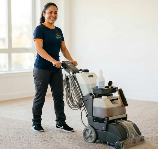 Smiling woman using a professional carpet cleaning machine in a bright room with beige carpet.