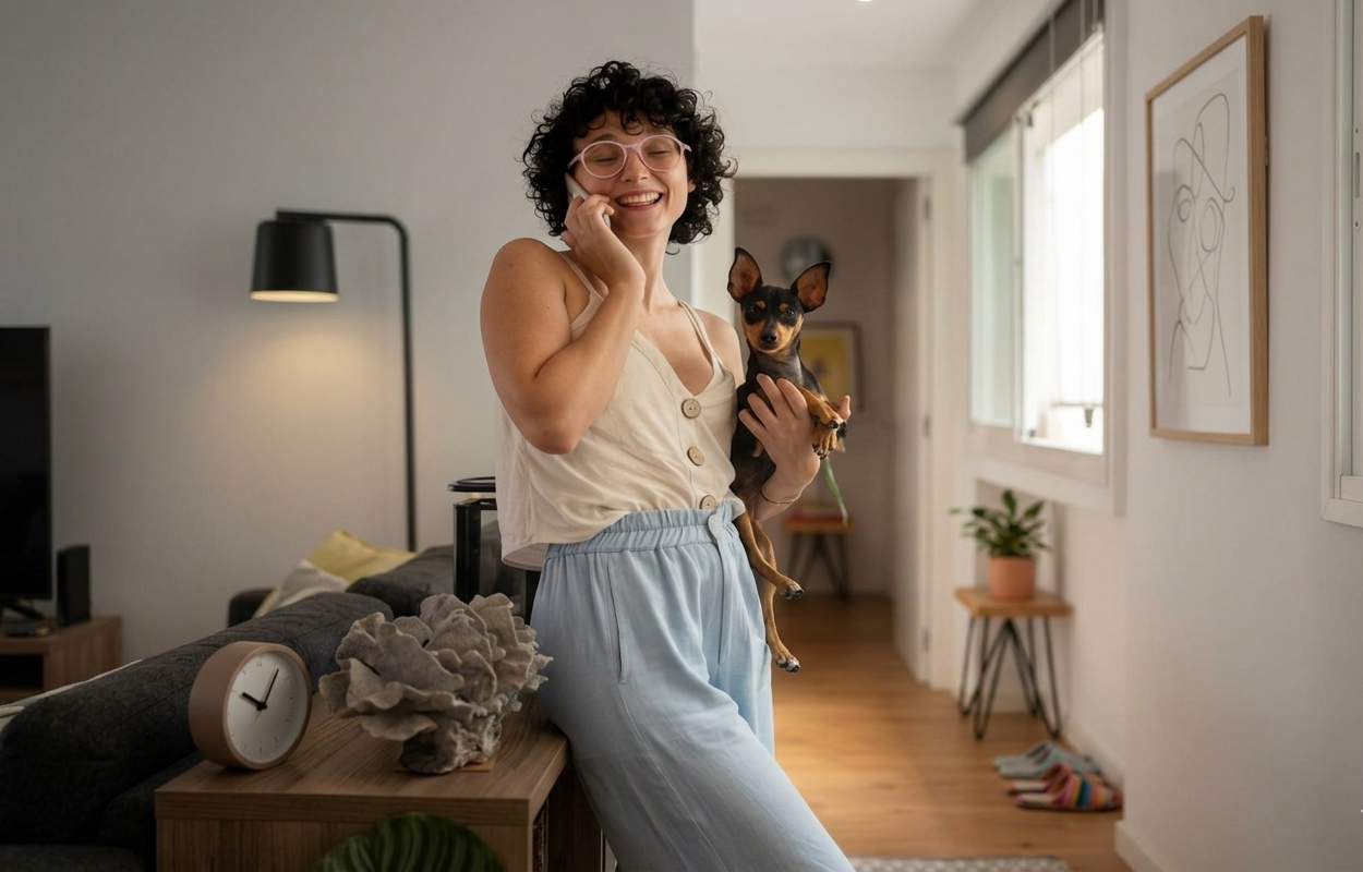Smiling woman with curly hair holding a small dog while talking on a phone in a modern living room.