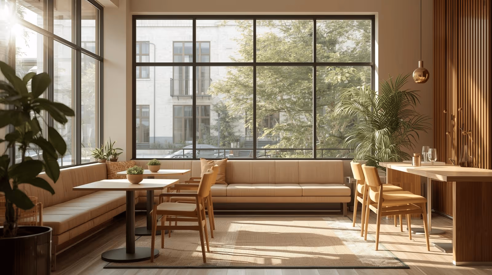 Helles und modernes Café mit stilvollem Innenraum. Ideale Atmosphäre für erfolgreiche Gastronomie Website