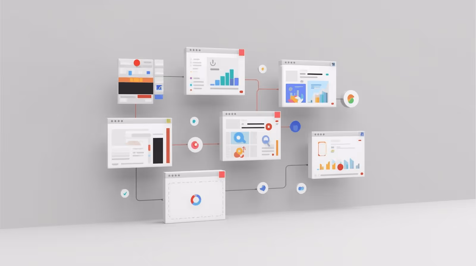 Darstellung des Webdesign-Prozesses mit vernetzten Website-Elementen, Analyse- und SEO-Modulen – professionelle Website-Erstellung für Gastronomie und Restaurants