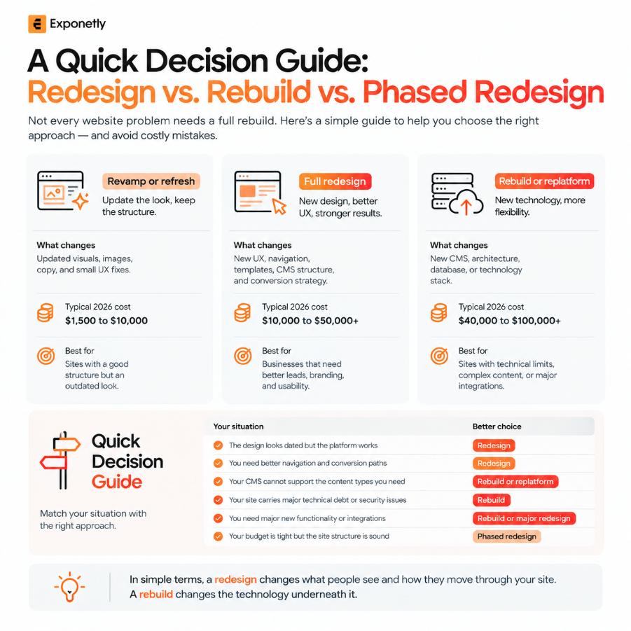 decision infographic for choosing between a website refresh vs redesign vs rebuild