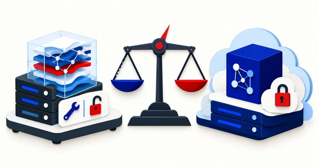 An open model on the business's own server and a sealed vendor model in a cloud, weighed on a scale.