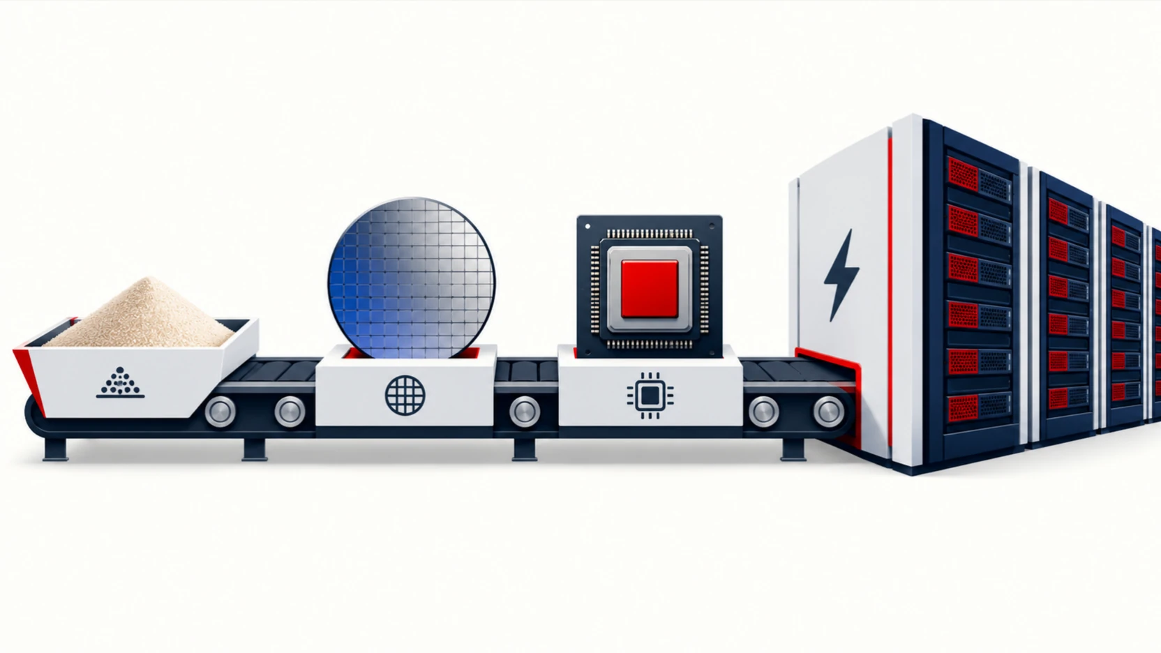 A conveyor turns sand into a wafer, then a chip with a red core, then a rack of compute panels.