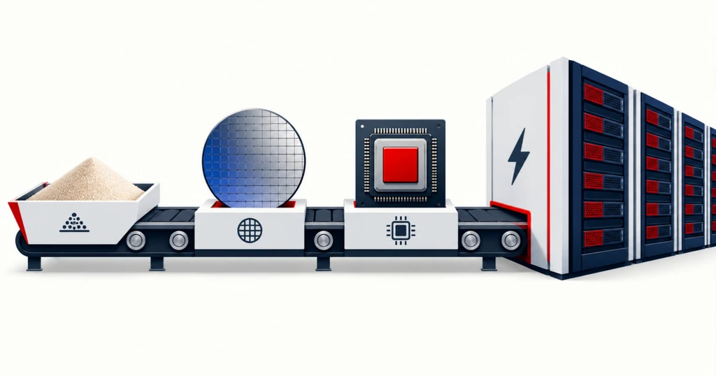 A conveyor turns sand into a wafer, then a chip with a red core, then a rack of compute panels.