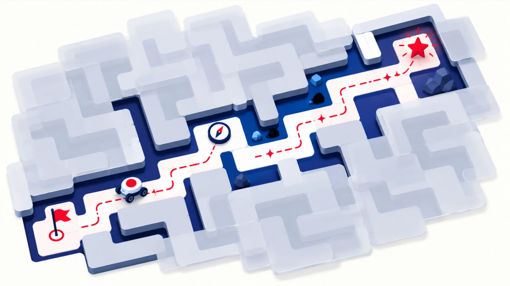 A small rover traces a long path through a fogged maze toward one distant red reward star.
