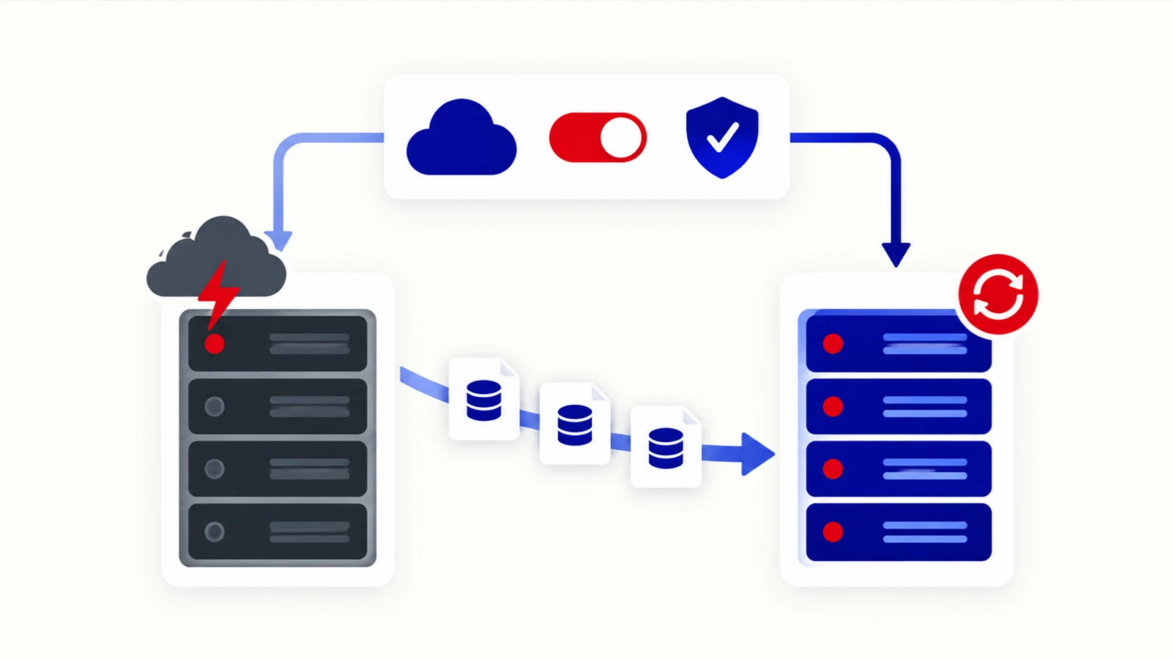 A storm dims one server rack while backup cards flow to a second rack and a red switch keeps the service running.
