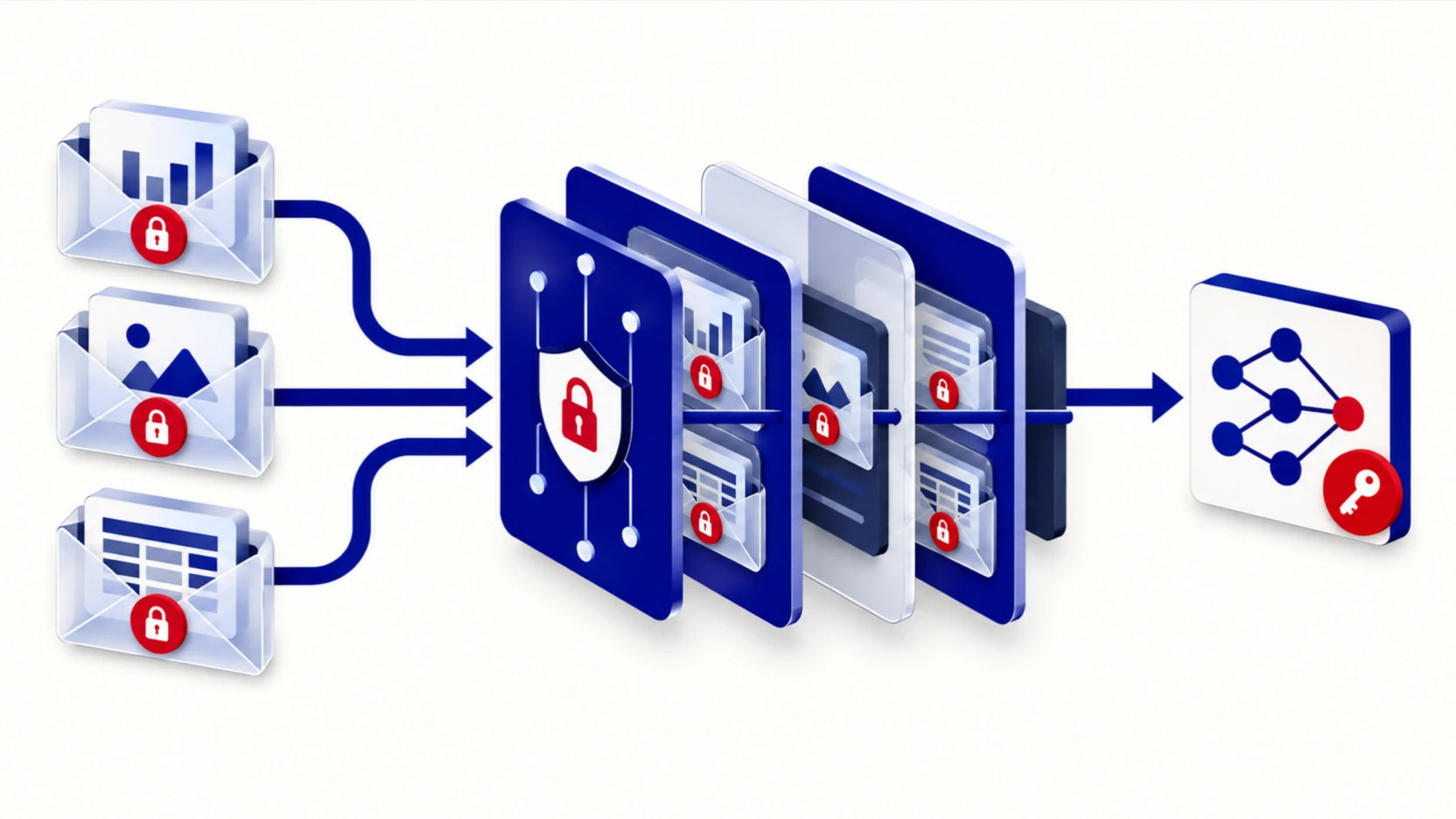 Sealed data envelopes with red padlocks pass through a model and stay locked while a trained model comes out.