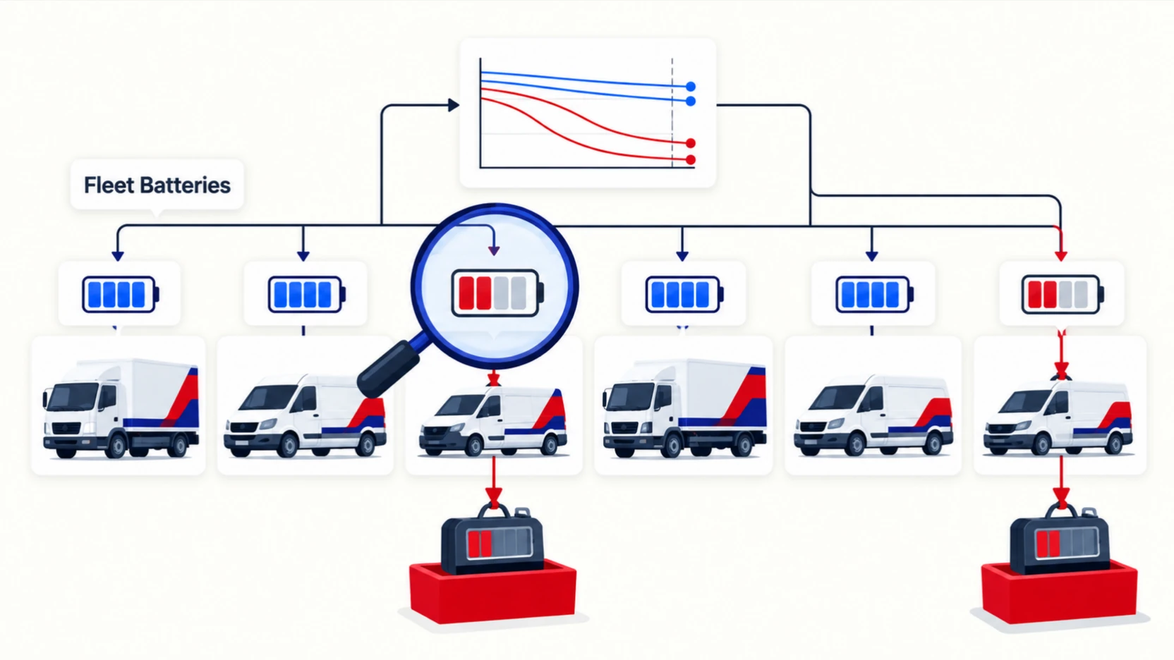 A lens scans battery gauges over a fleet, and only the two low red batteries are lifted out.