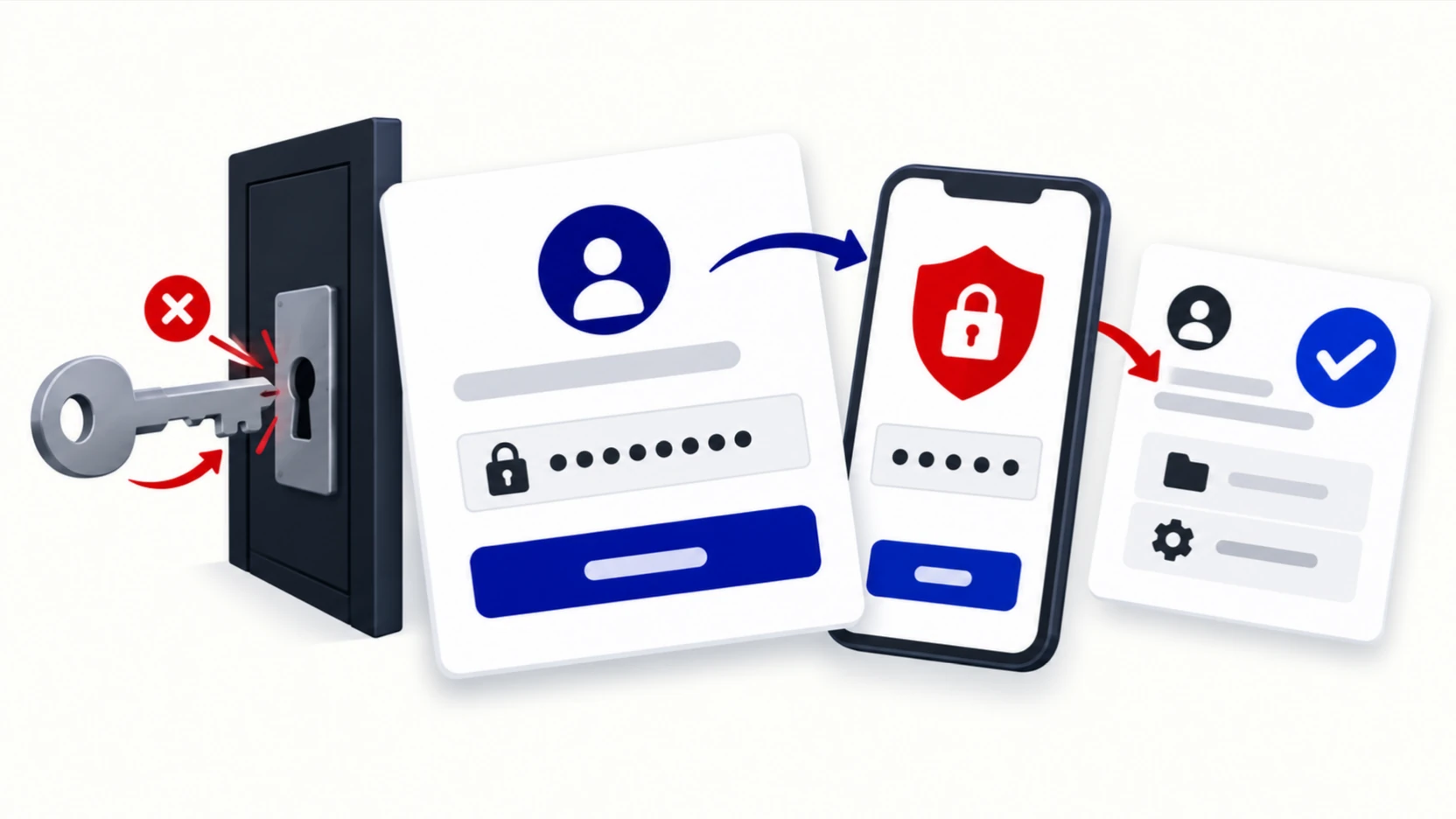 A login card needs a second step on a phone card under a red shield, and a lone grey key bounces off.