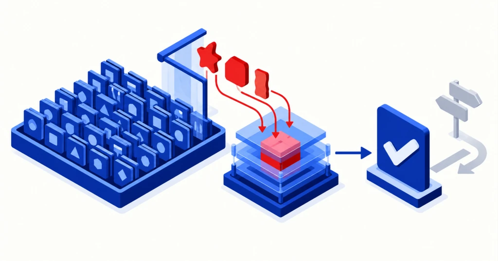 A sieve lifts a few odd red example cards out of a tray and feeds them to a model that hits a centred target.