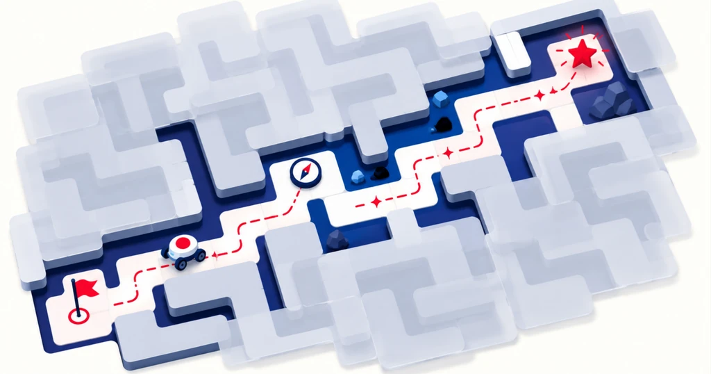 A small rover traces a long path through a fogged maze toward one distant red reward star.