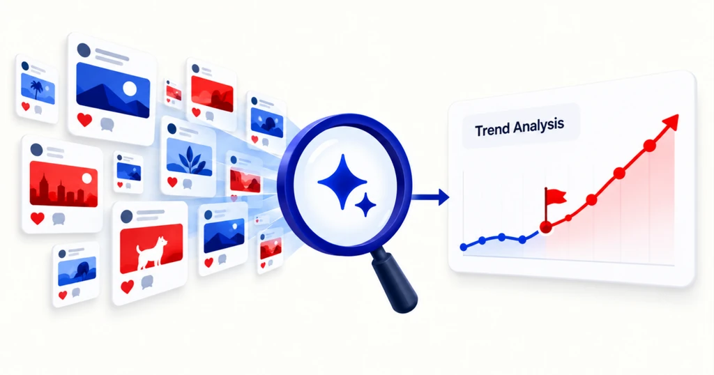 Social post cards stream into a lens, revealing a rising red trend line flagged early.