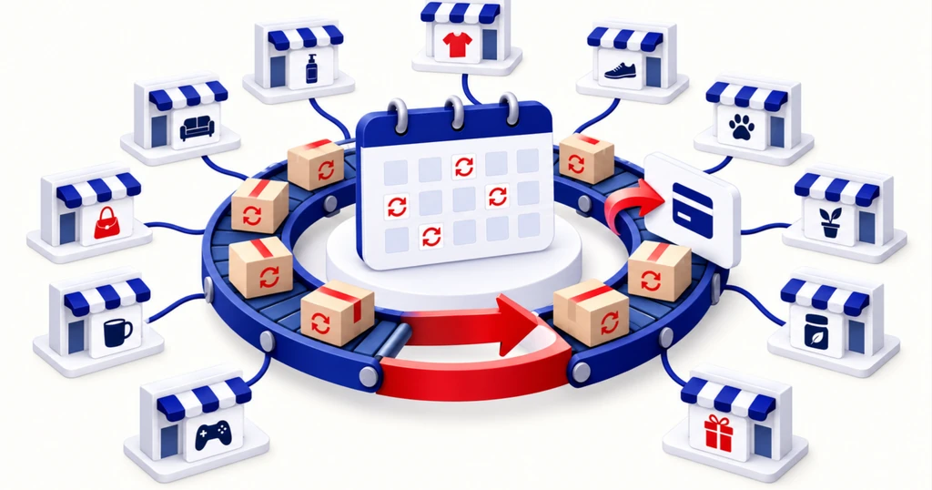 Order boxes ride a circular conveyor around a calendar card, with a red renewal arrow.