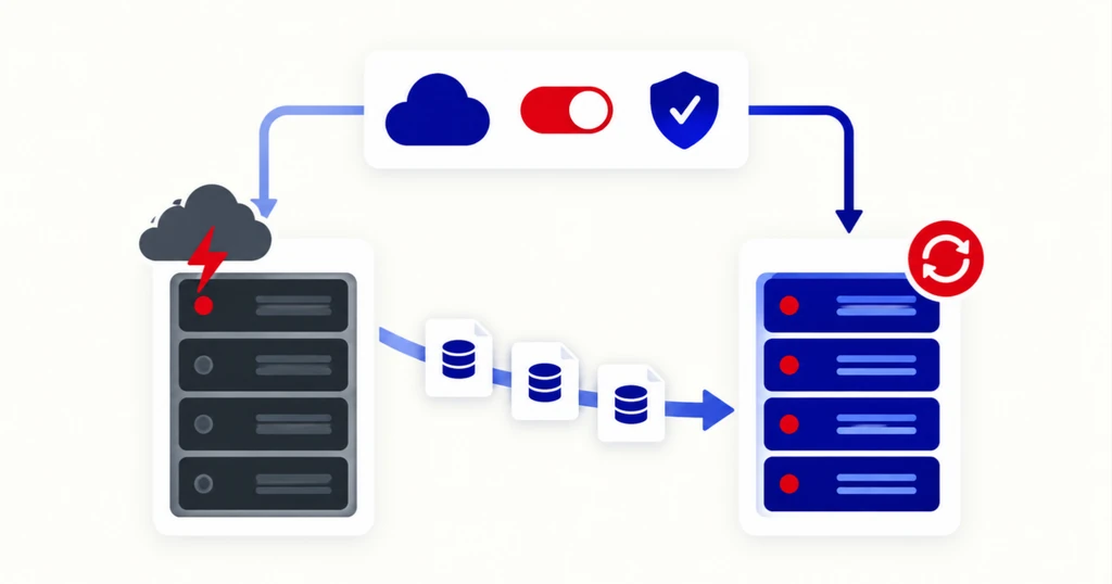 A storm dims one server rack while backup cards flow to a second rack and a red switch keeps the service running.