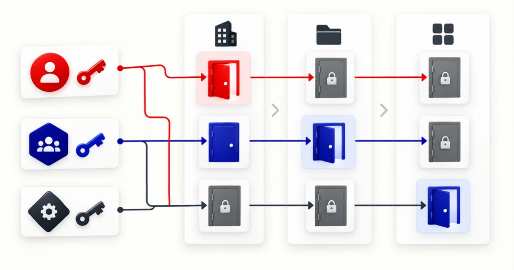 Role badges with keys and dotted lines to a grid of doors, one key opening one red door.
