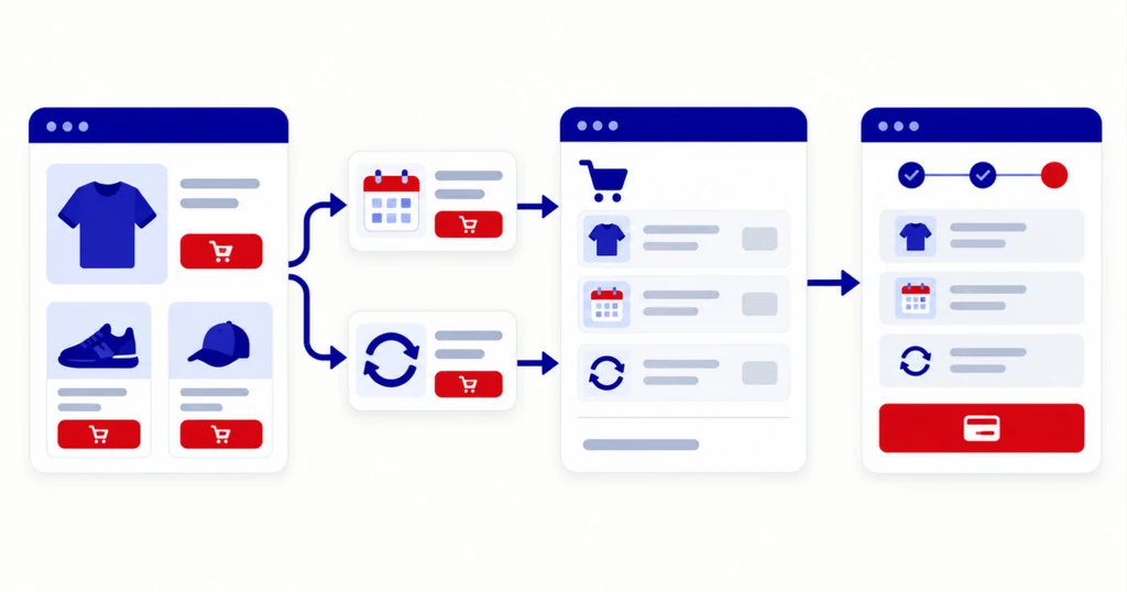Pre-order and subscription tags snap into a shopping cart and continue to a checkout with a red button.