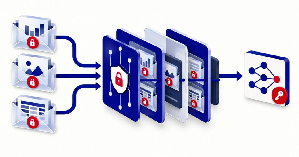 Sealed data envelopes with red padlocks pass through a model and stay locked while a trained model comes out.