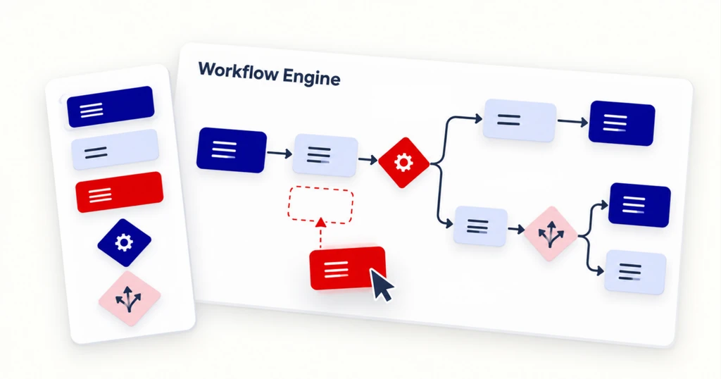 A cursor drags a new red node into a flow of steps and rules on a large white canvas.