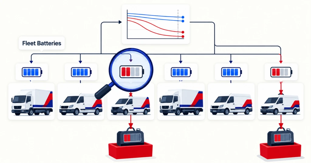 A lens scans battery gauges over a fleet, and only the two low red batteries are lifted out.