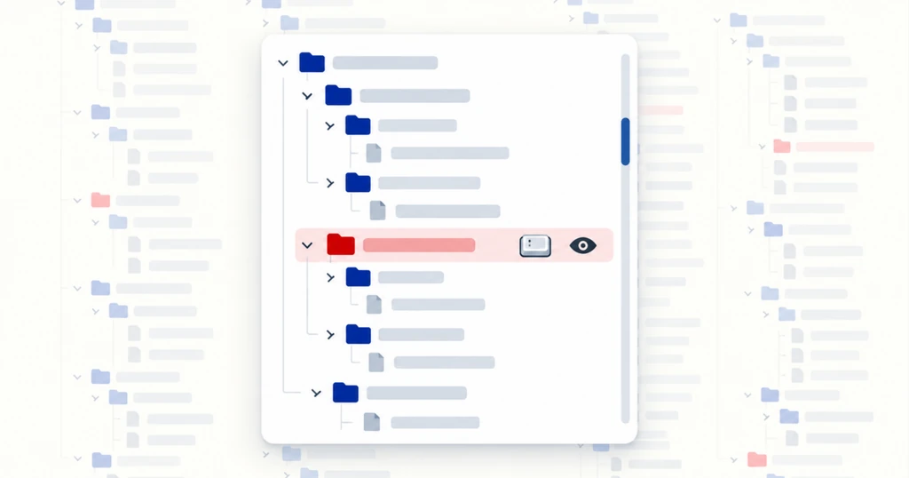 A bright window frames a crisp slice of a huge faint tree of folder rows, one row focused in red.