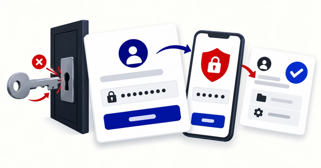 A login card needs a second step on a phone card under a red shield, and a lone grey key bounces off.