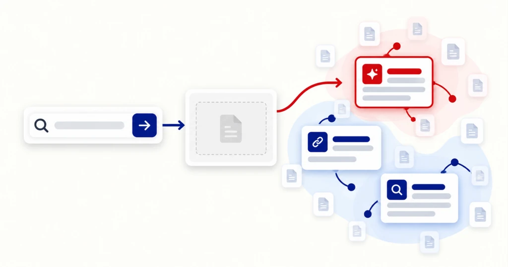 A query skips an empty exact-match slot and lands in a cloud of documents grouped by meaning.